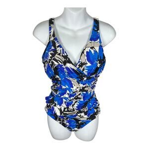 INC International Concepts Slimming Swim Suit 1 Piece Size 10 Blue White Vacatio
